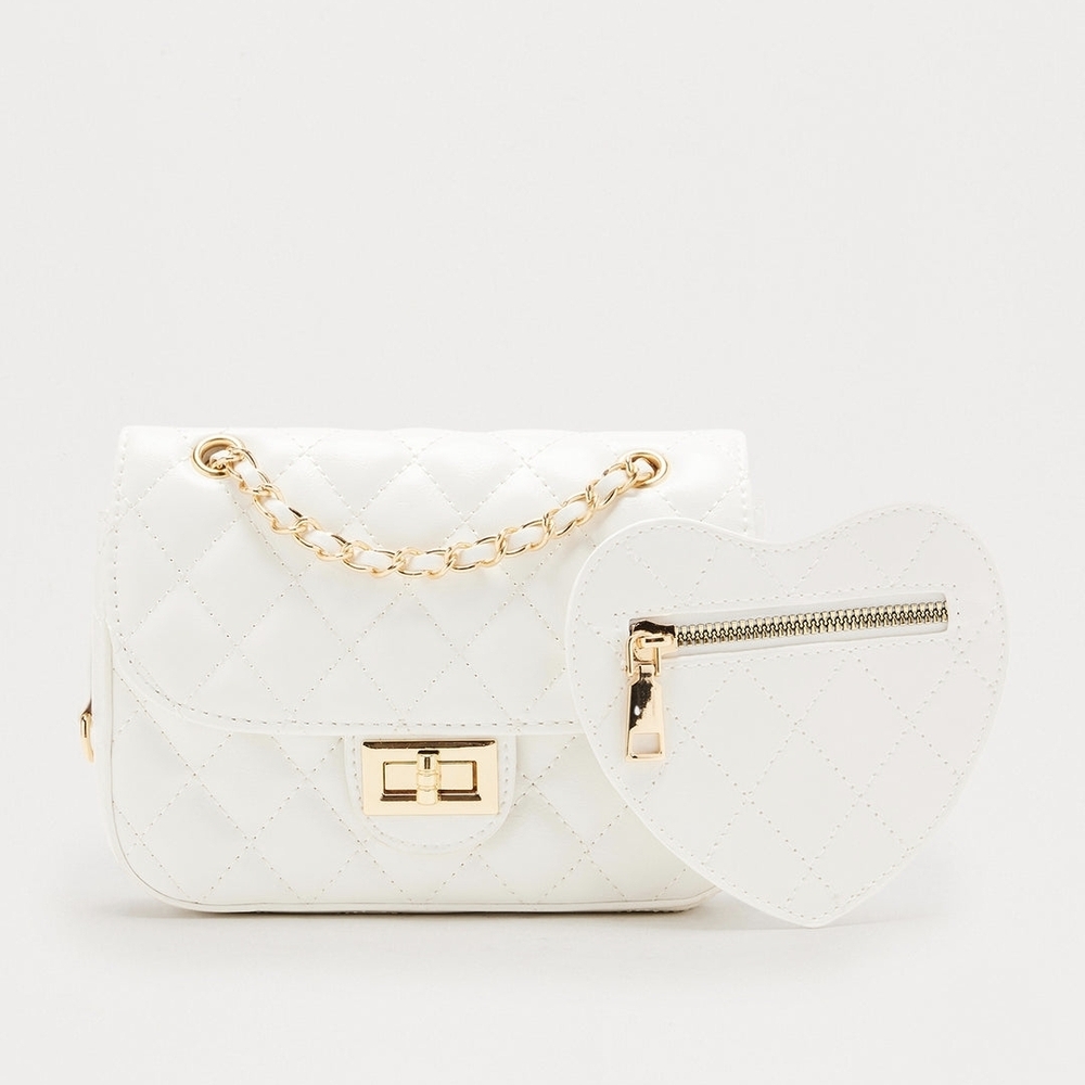 Fashion Nova White Quilted Crossbody Bag with Heart Pouch